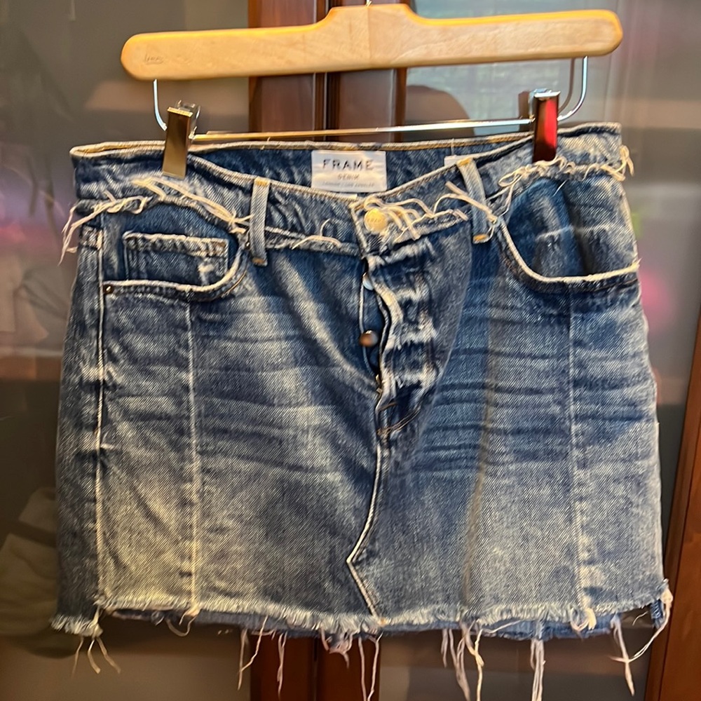 Frame distressed denim skirt, button fly, Size 28